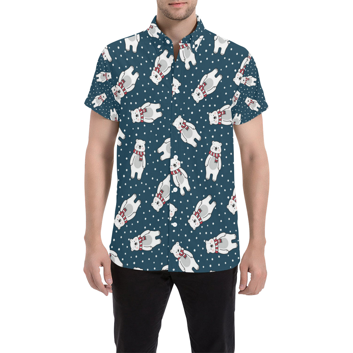 Polar Bear Pattern Print Design PB05 Men's Short Sleeve Button Up Shirt
