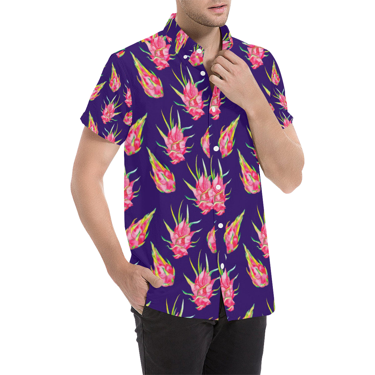 Dragonfruit Pattern Print Design DF02 Men's Short Sleeve Button Up Shirt