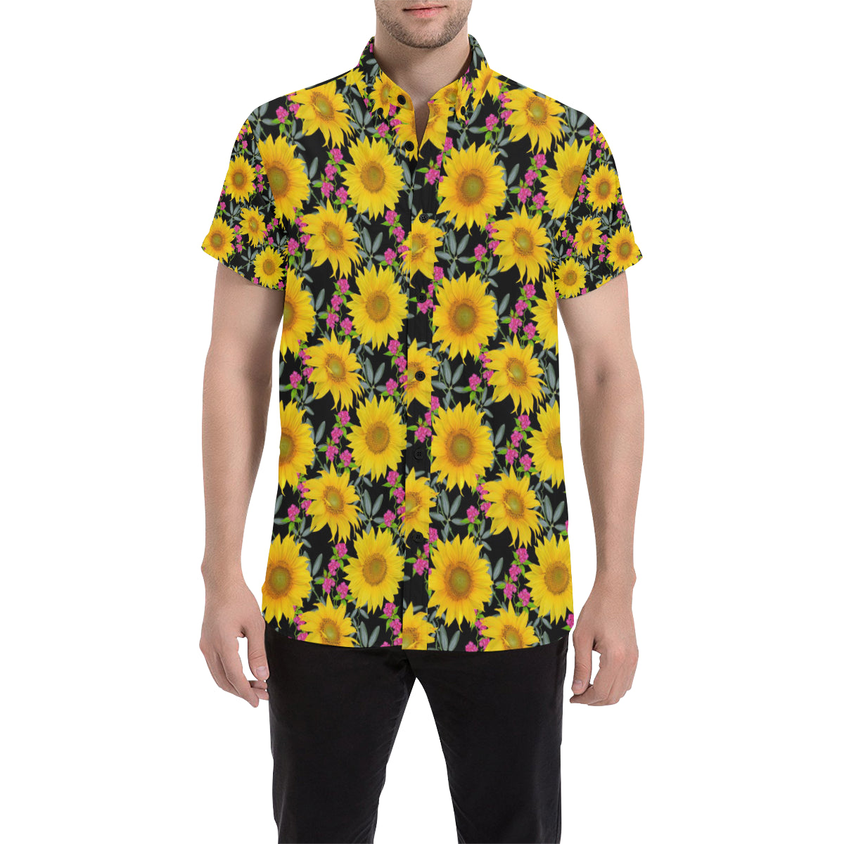 Sunflower Pattern Print Design SF014 Men's Short Sleeve Button Up Shirt