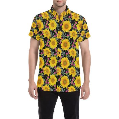 Sunflower Pattern Print Design SF014 Men's Short Sleeve Button Up Shirt