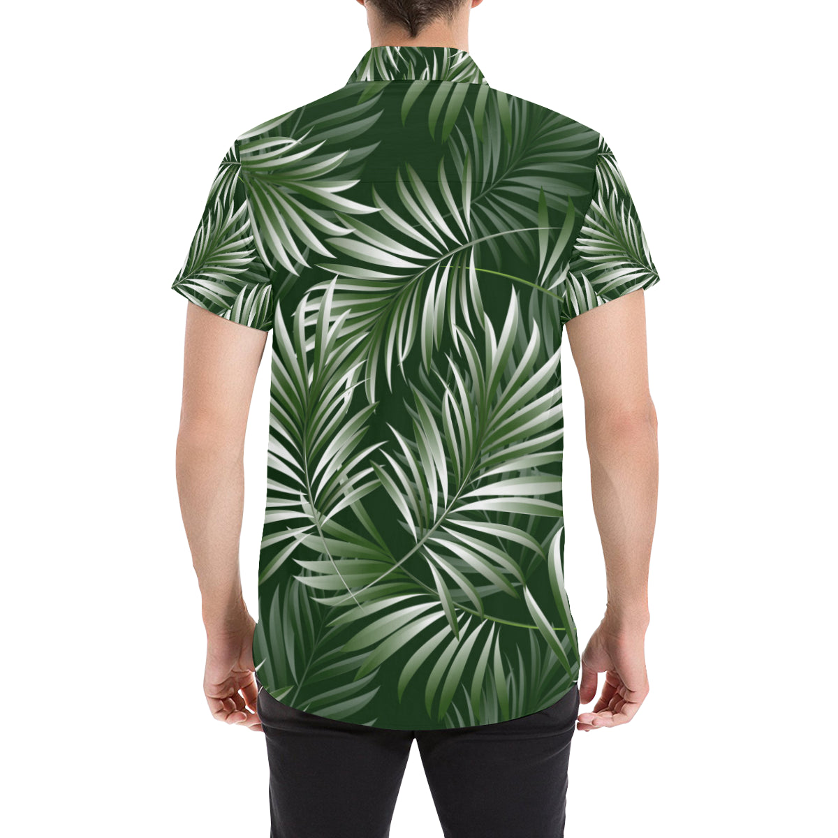 White Green Tropical Palm Leaves Men's Short Sleeve Button Up Shirt