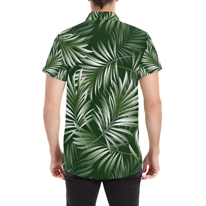 White Green Tropical Palm Leaves Men's Short Sleeve Button Up Shirt