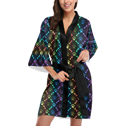 Paw Rainbow Pattern Print Design A01 Women's Short Kimono