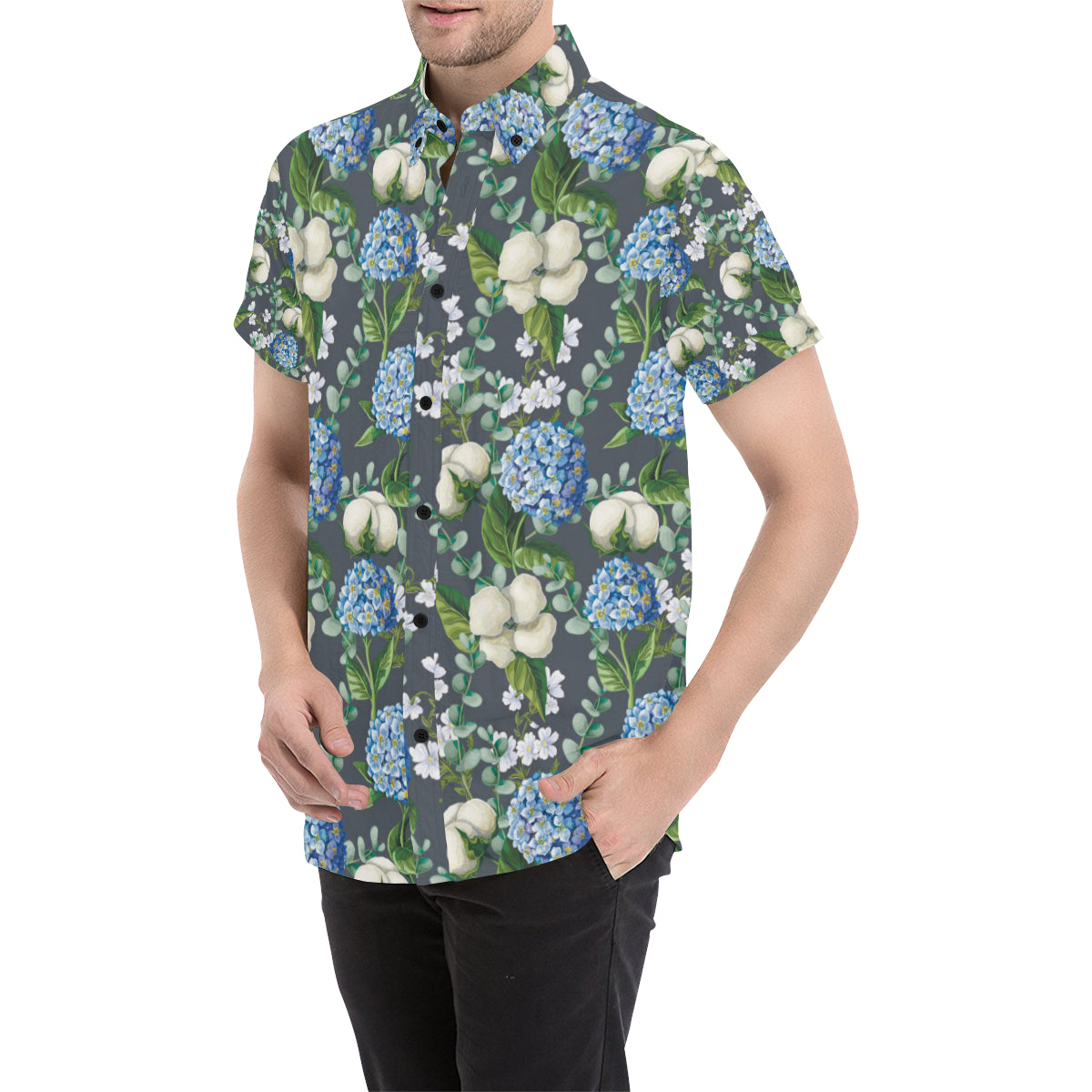 Hydrangea Pattern Print Design 02 Men's Short Sleeve Button Up Shirt