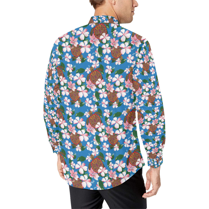 Sea Turtle Pink Hibiscus Hawaiian Print Men's Long Sleeve Shirt