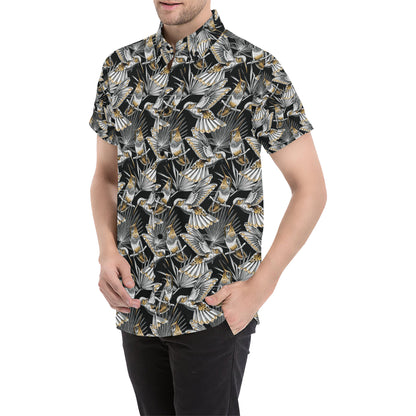 Hummingbird Gold Design Themed Print Men's Short Sleeve Button Up Shirt