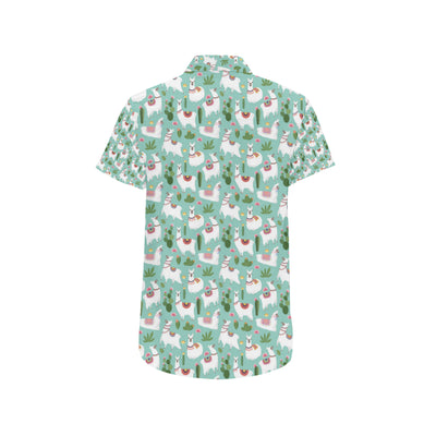 Llama with Cactus Themed Print Men's Short Sleeve Button Up Shirt