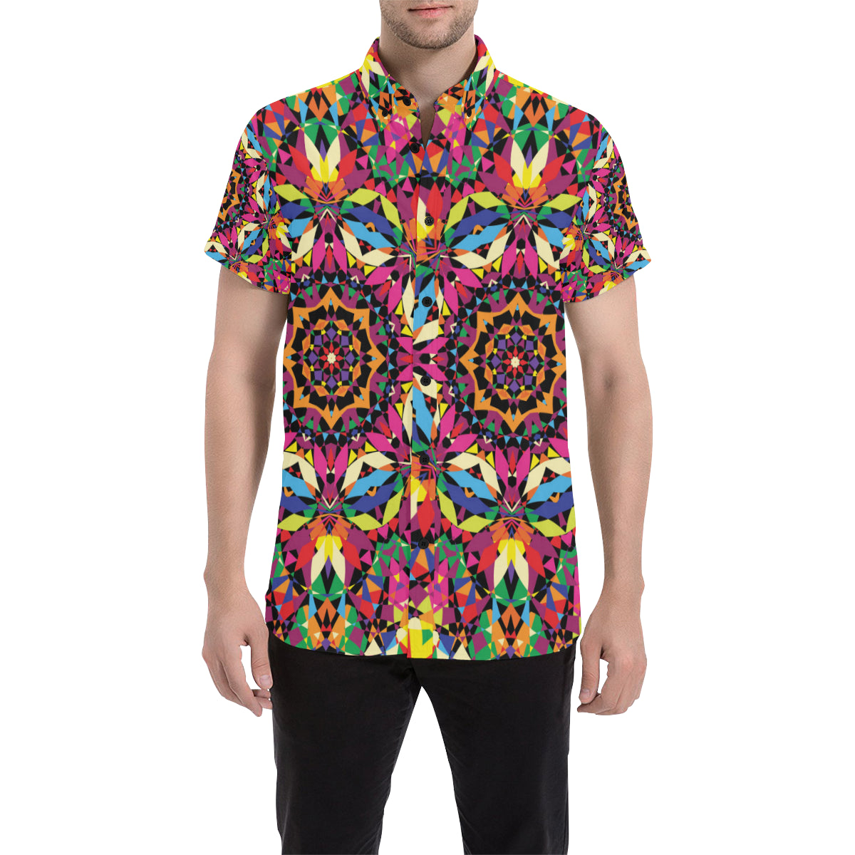 Kaleidoscope Pattern Print Design 02 Men's Short Sleeve Button Up Shirt