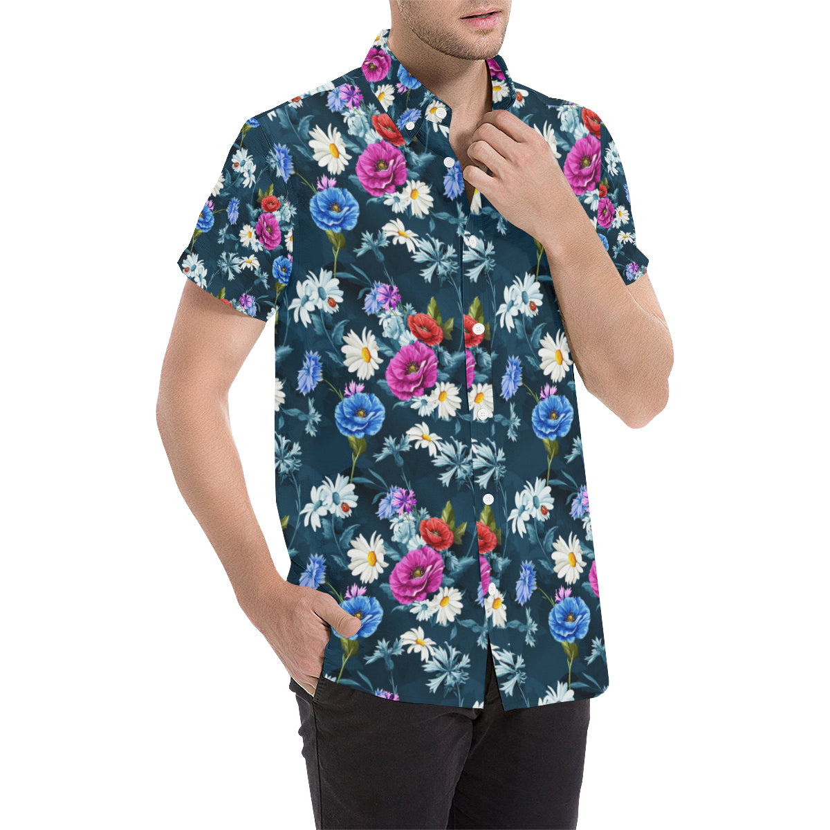 Floral Blue Themed Print Men's Short Sleeve Button Up Shirt