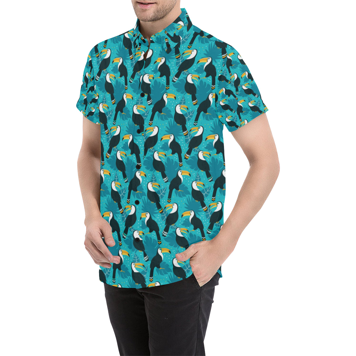 Toucan Parrot Pattern Print Men's Short Sleeve Button Up Shirt
