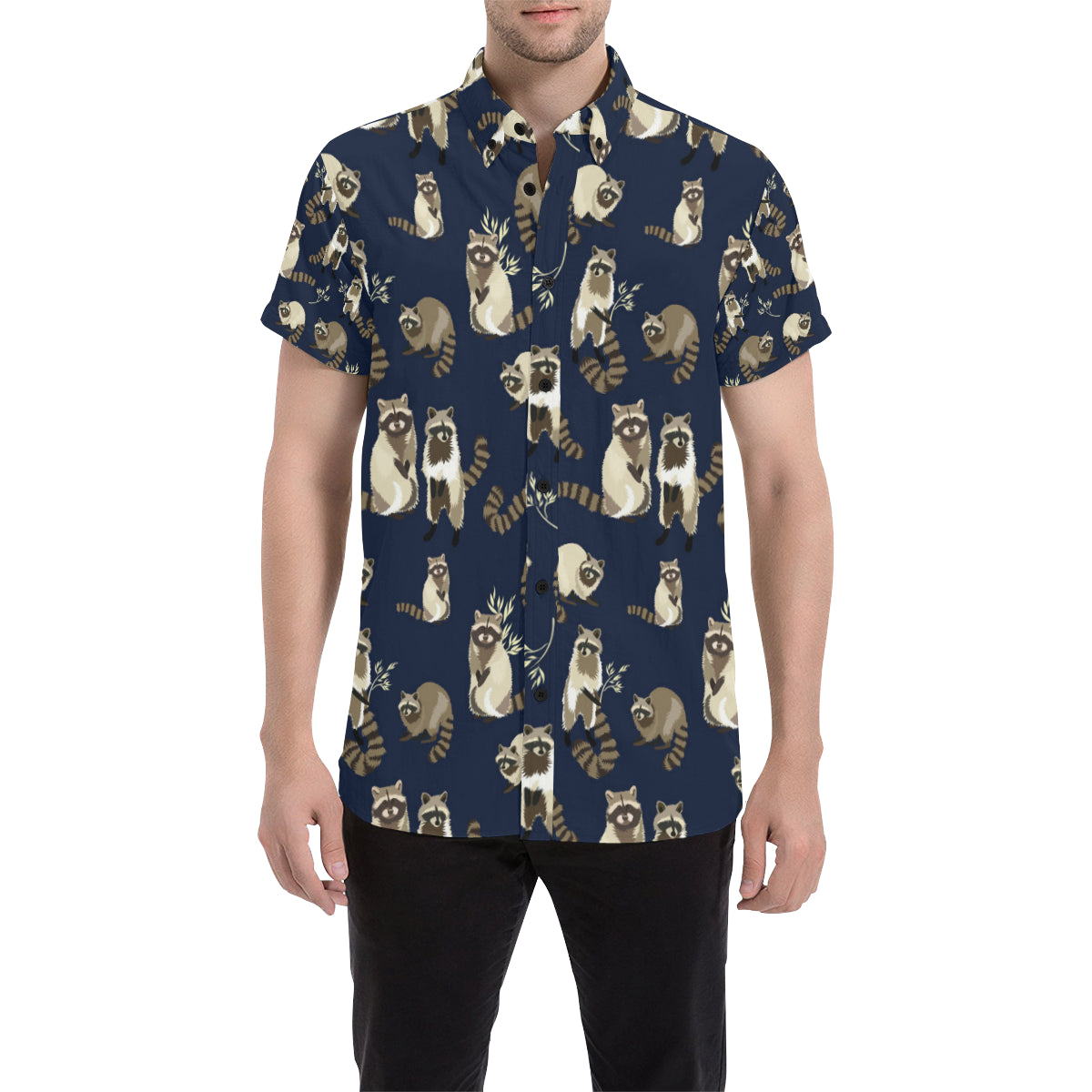 Raccoon Pattern Print Design A06 Men's Short Sleeve Button Up Shirt
