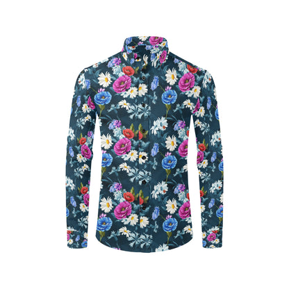 Floral Blue Themed Print Men's Long Sleeve Shirt