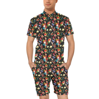 Skull Roses Flower Design Themed Print Men's Romper