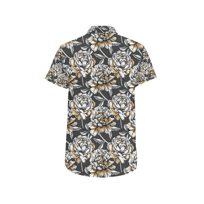Peony Pattern Print Design PE06 Men's Short Sleeve Button Up Shirt