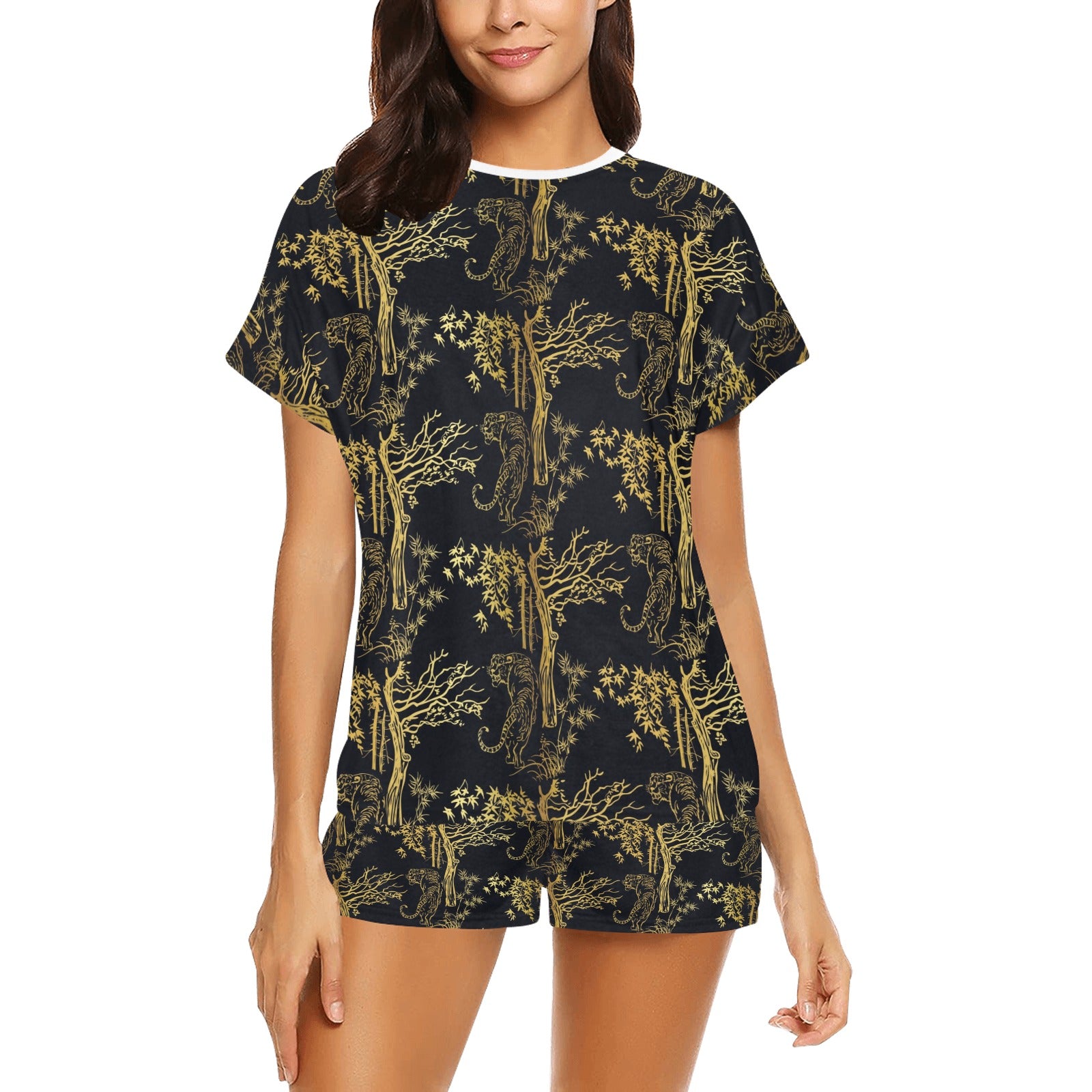Tiger Gold Print Design LKS307 Women's Short Pajama Set