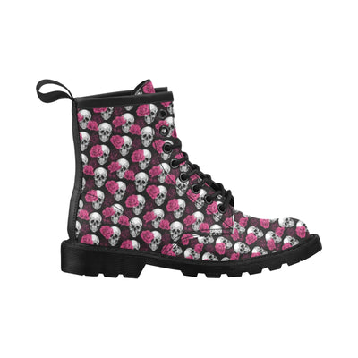 Pink Rose Skull Themed Print Women's Boots