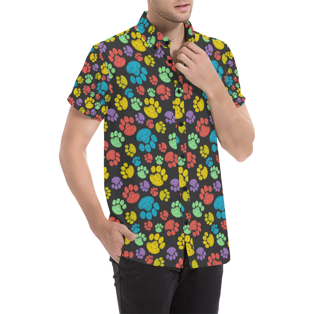 Paw Colorful Print Men's Short Sleeve Button Up Shirt
