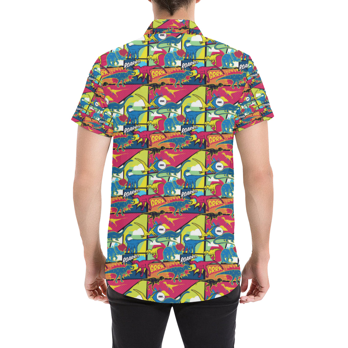 Dinosaur Comic Pop Art Style Men's Short Sleeve Button Up Shirt