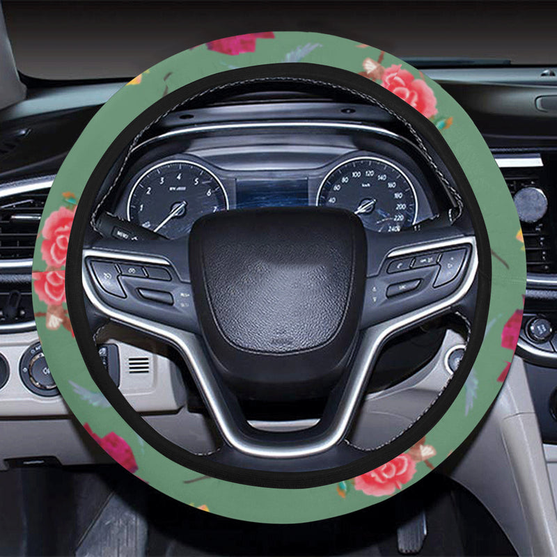 Hummingbird with Rose Themed Print Steering Wheel Cover with Elastic Edge