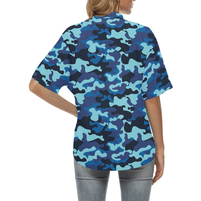 Camo Blue Pattern Print Design 04 Women's Hawaiian Shirt