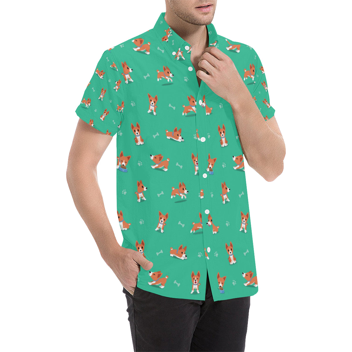 Basenji Pattern Print Design 02 Men's Short Sleeve Button Up Shirt