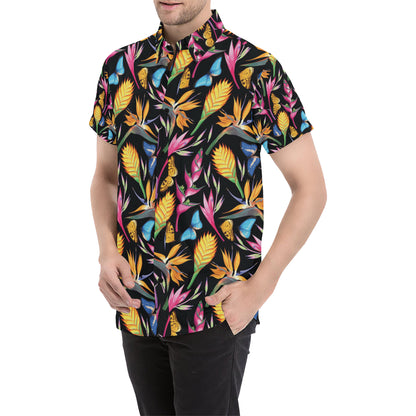 Tropical Flower Pattern Print Design TF016 Men's Short Sleeve Button Up Shirt