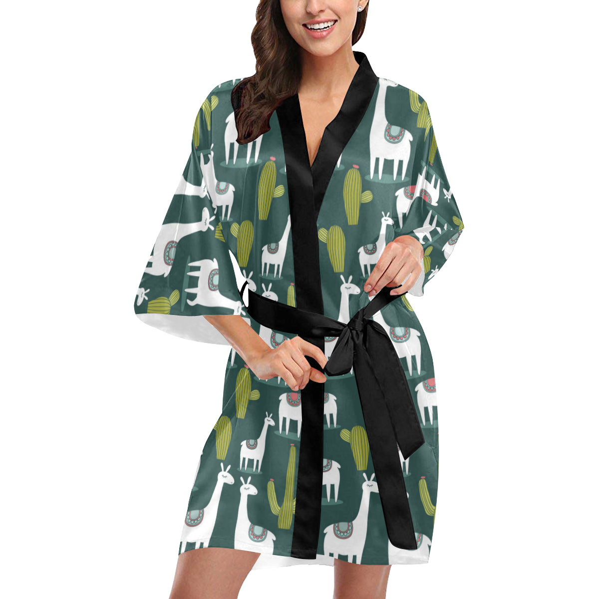 Llama Cactus Pattern Print Design 02 Women's Short Kimono
