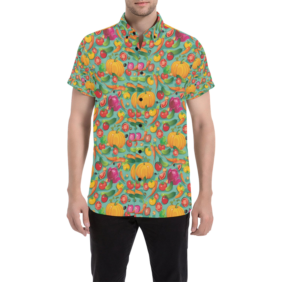 Vegan Colorful Themed Design Print Men's Short Sleeve Button Up Shirt