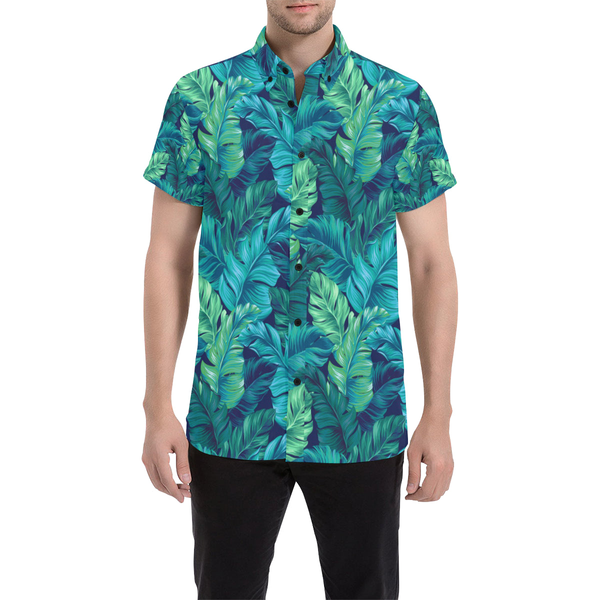 Banana Leaf Pattern Print Design BL05 Men's Short Sleeve Button Up Shirt