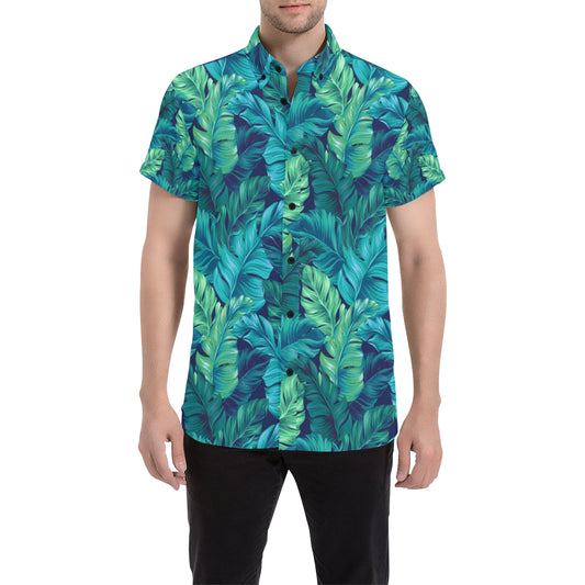 Banana Leaf Pattern Print Design BL05 Men's Short Sleeve Button Up Shirt