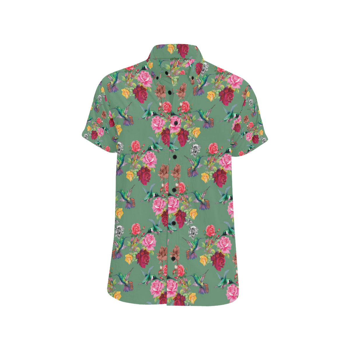Hummingbird with Rose Themed Print Men's Short Sleeve Button Up Shirt