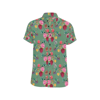 Hummingbird with Rose Themed Print Men's Short Sleeve Button Up Shirt
