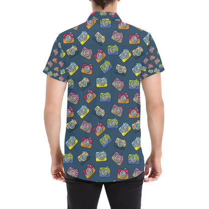 Camera Pattern Print Design 03 Men's Short Sleeve Button Up Shirt