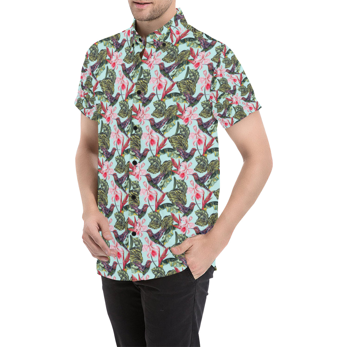 Hummingbird Cute Themed Print Men's Short Sleeve Button Up Shirt