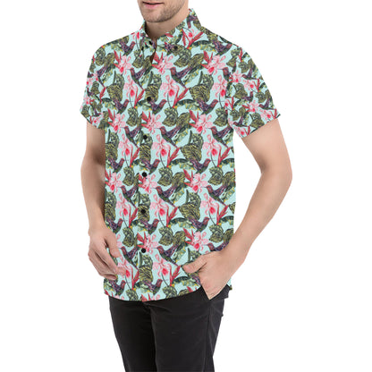 Hummingbird Cute Themed Print Men's Short Sleeve Button Up Shirt