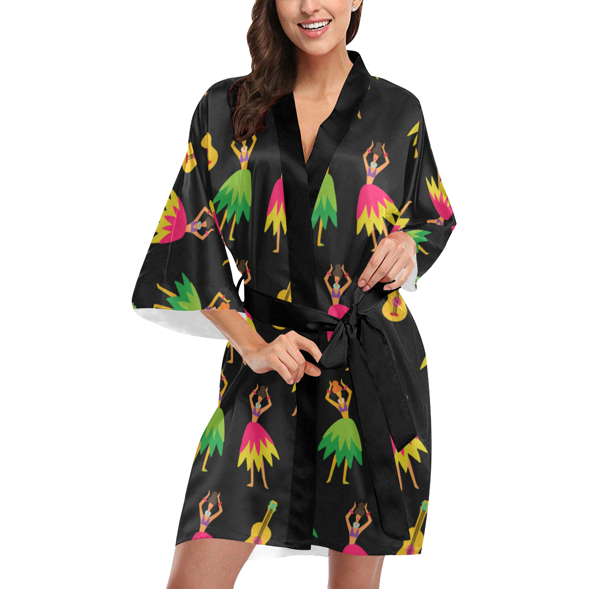 Hula Dancers Hawaiian Girl Pattern Print Design 03 Women's Short Kimono
