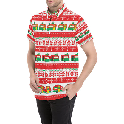 Camper Camping Ugly Christmas Design Print Men's Short Sleeve Button Up Shirt