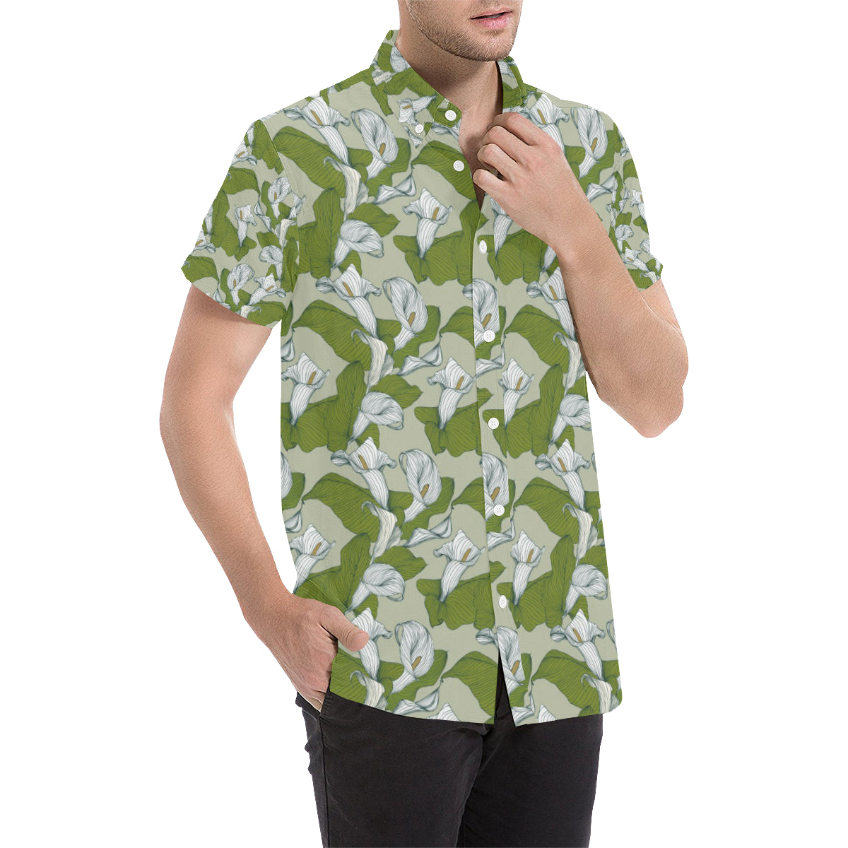 Lily Pattern Print Design LY08 Men's Short Sleeve Button Up Shirt