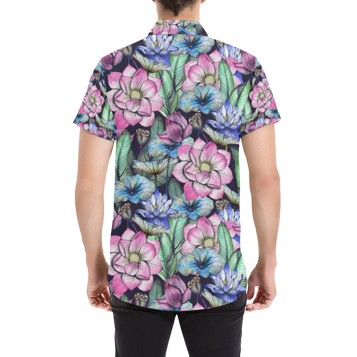 Water Lily Pattern Print Design WL07 Men's Short Sleeve Button Up Shirt