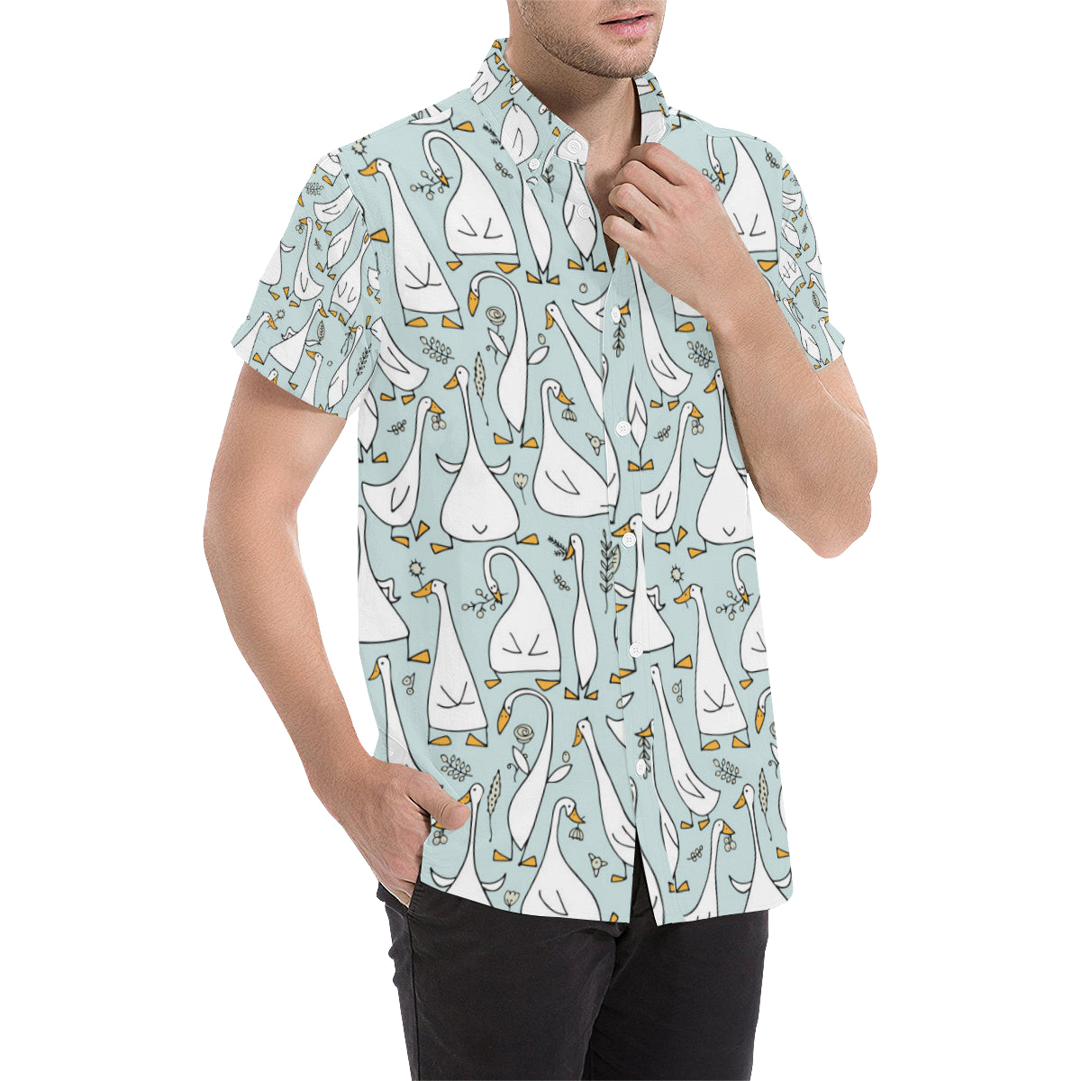 Goose Pattern Print Design 03 Men's Short Sleeve Button Up Shirt