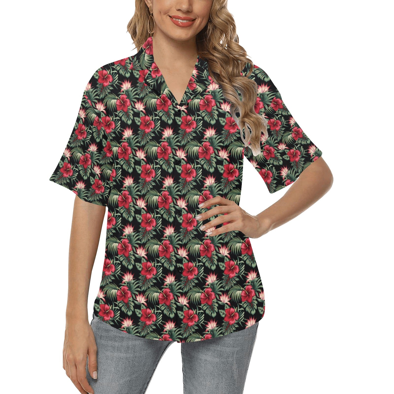 Flower Hawaiian Red Hibiscus Design Print Women's Hawaiian Shirt