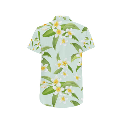 Yellow Plumeria Pattern Print Design PM024 Men's Short Sleeve Button Up Shirt