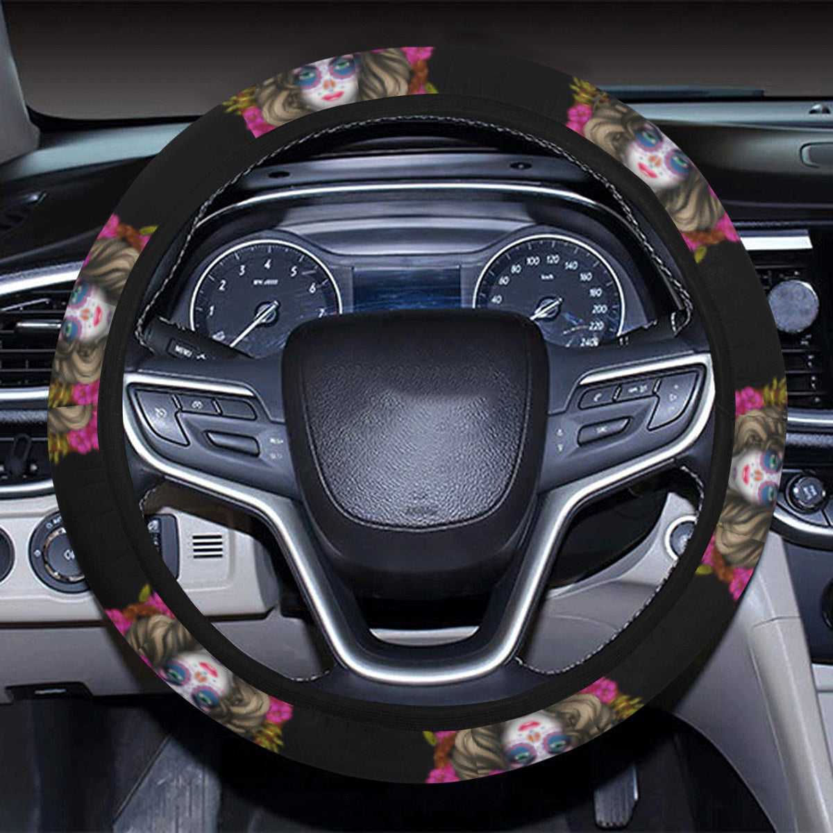 Day of the Dead Makeup Girl Steering Wheel Cover with Elastic Edge
