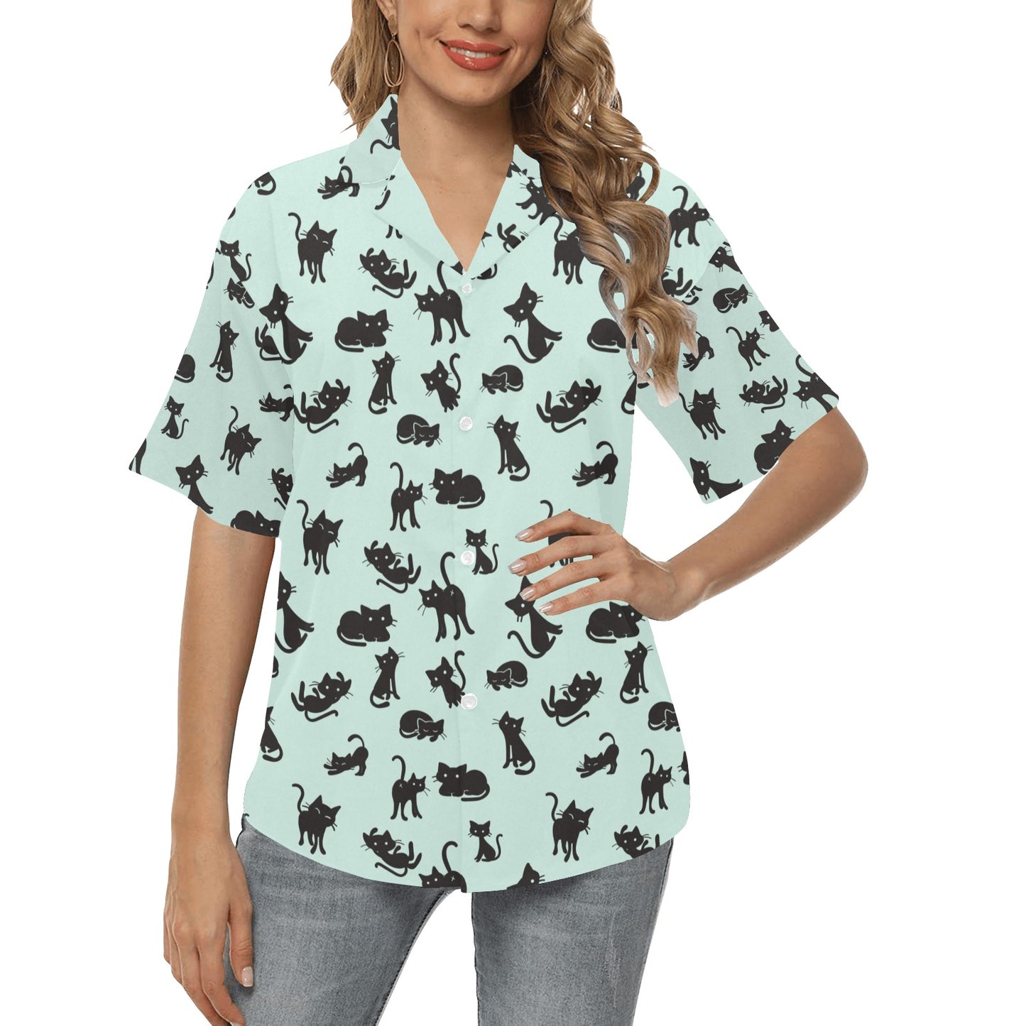 Black Cat Pattern Print Design 04 Women's Hawaiian Shirt
