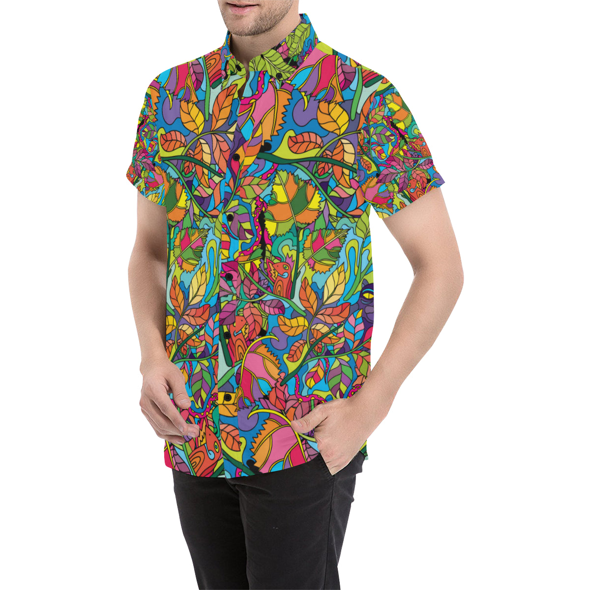Psychedelic Trippy Flower Print Men's Short Sleeve Button Up Shirt