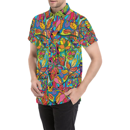 Psychedelic Trippy Flower Print Men's Short Sleeve Button Up Shirt
