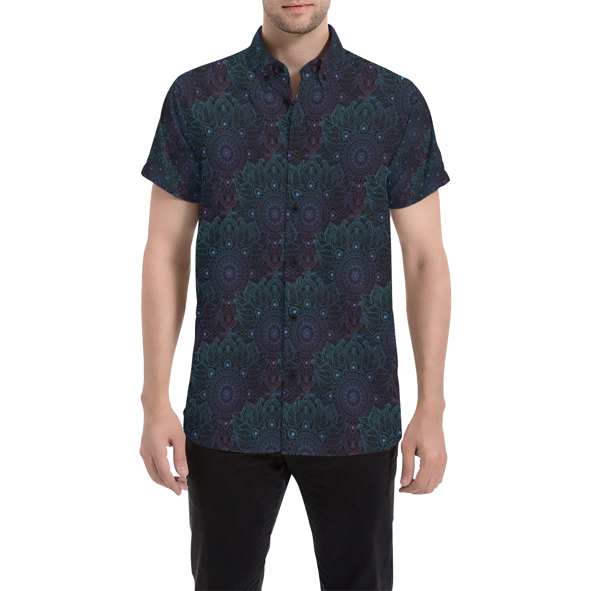 Boho Floral Mandala Men's Short Sleeve Button Up Shirt