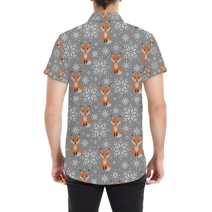 Knit Red Fox Pattern Print Design 02 Men's Short Sleeve Button Up Shirt