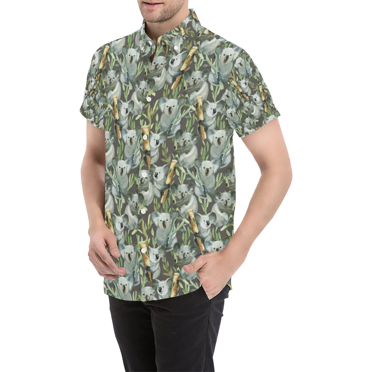 Koala Pattern Design Print Men's Short Sleeve Button Up Shirt