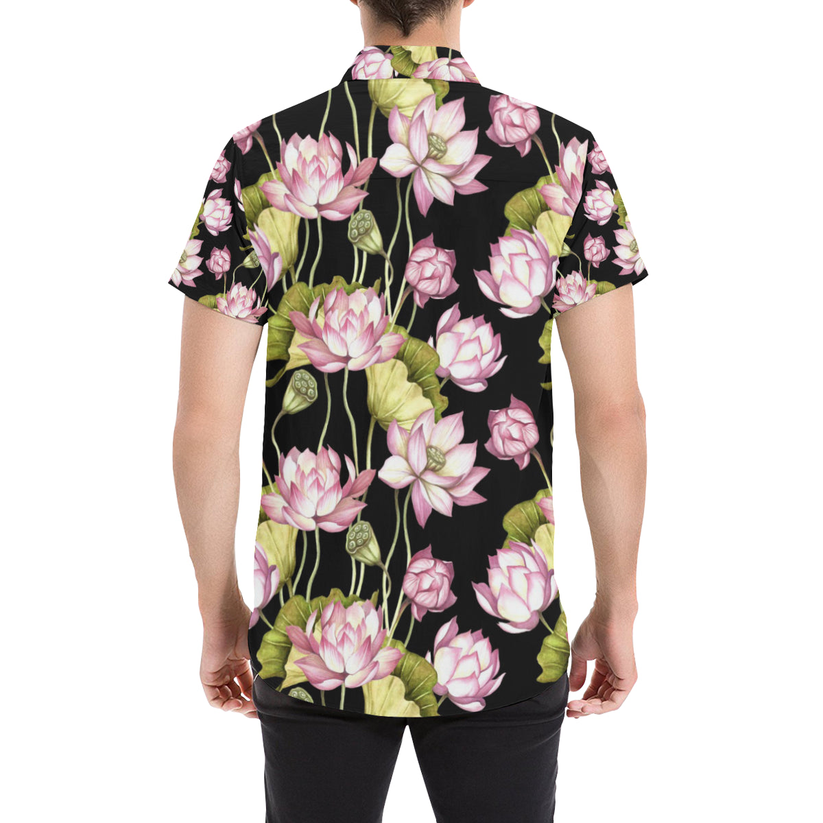 Water Lily Pattern Print Design WL06 Men's Short Sleeve Button Up Shirt